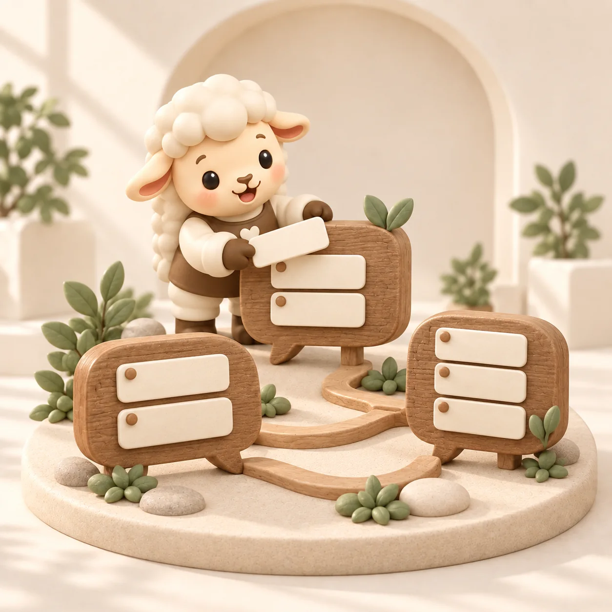The Shapers sheep connects conversations represented by wooden speech bubbles.
