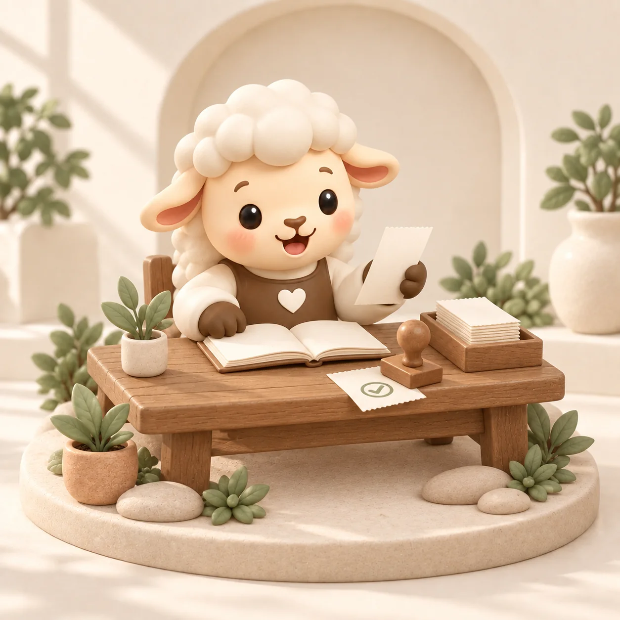 The Shapers sheep reviews receipts and a ledger with a confirmation stamp.