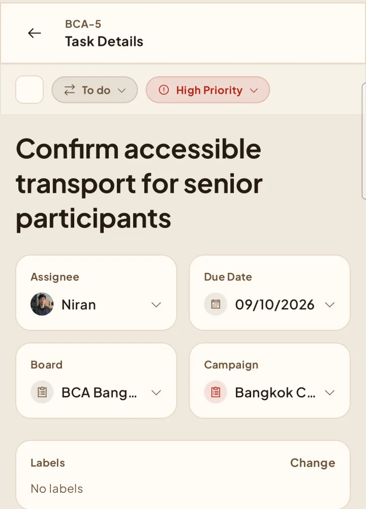 BCA-5 task details with the Bangkok Community Week campaign selected.