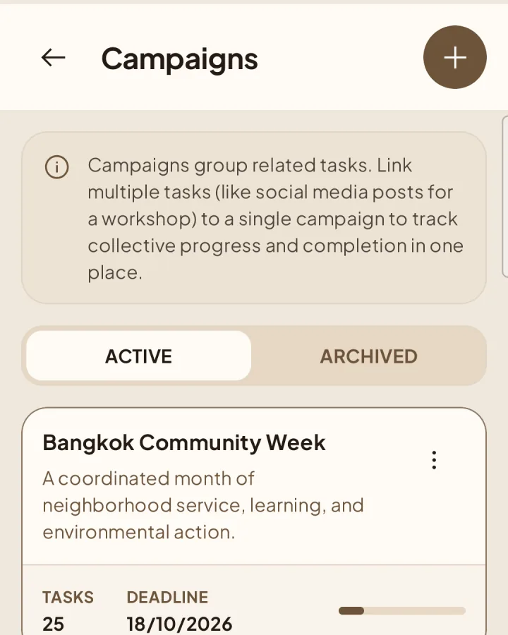 Campaigns screen with create, filter, and campaign list controls.