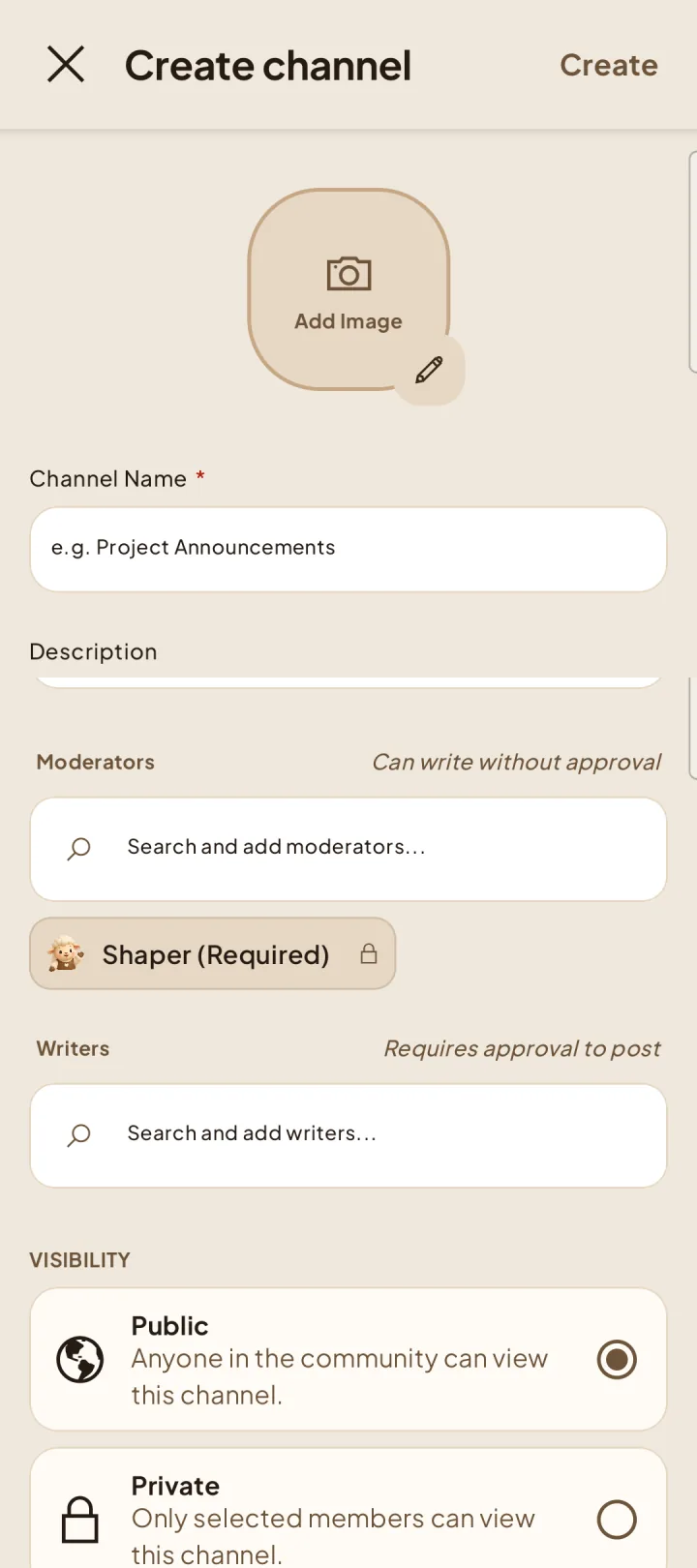 Create Channel form with identity, moderators, writers, and visibility.