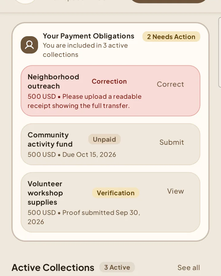 Finance Hub member obligations with Submit, Correct, and View actions.