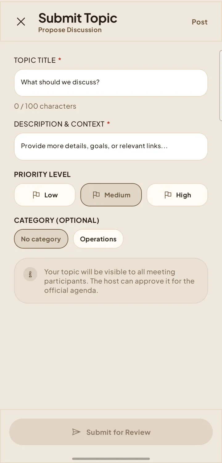 Submit Topic form with topic details, priority, category, and review action.