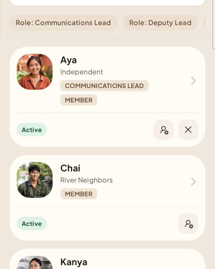 Member directory with Grant and Revoke role actions beside Aya.