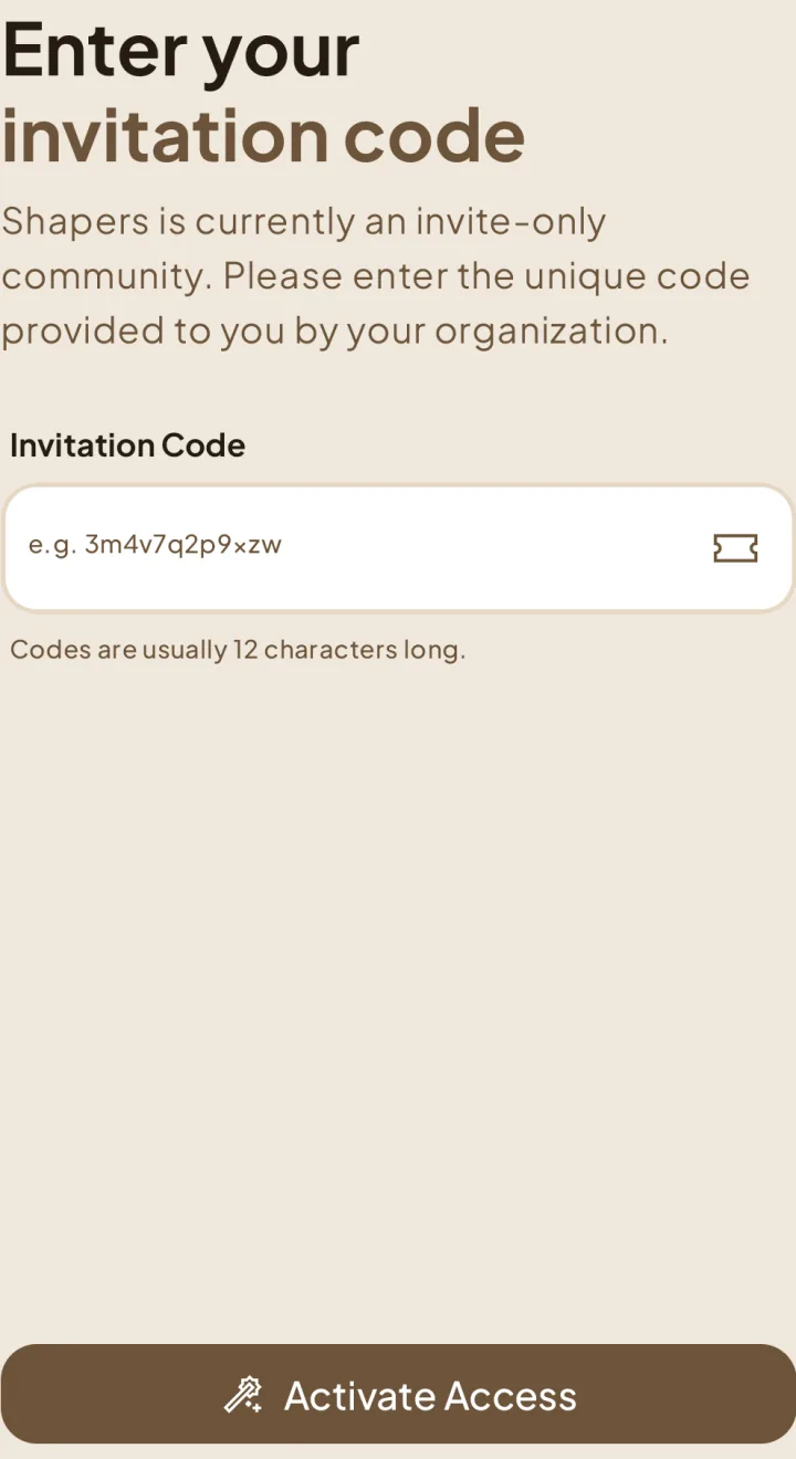 Invitation screen with an empty Invitation Code field and Activate Access button.