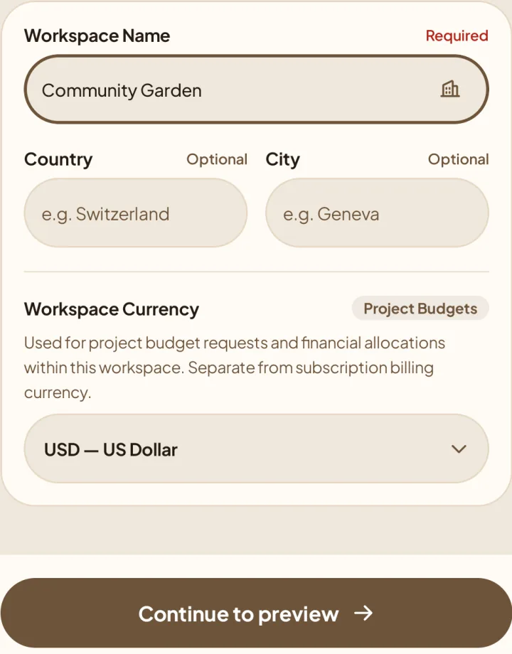 Workspace setup with the example name Community Garden, optional country and city, currency, and Continue to preview.