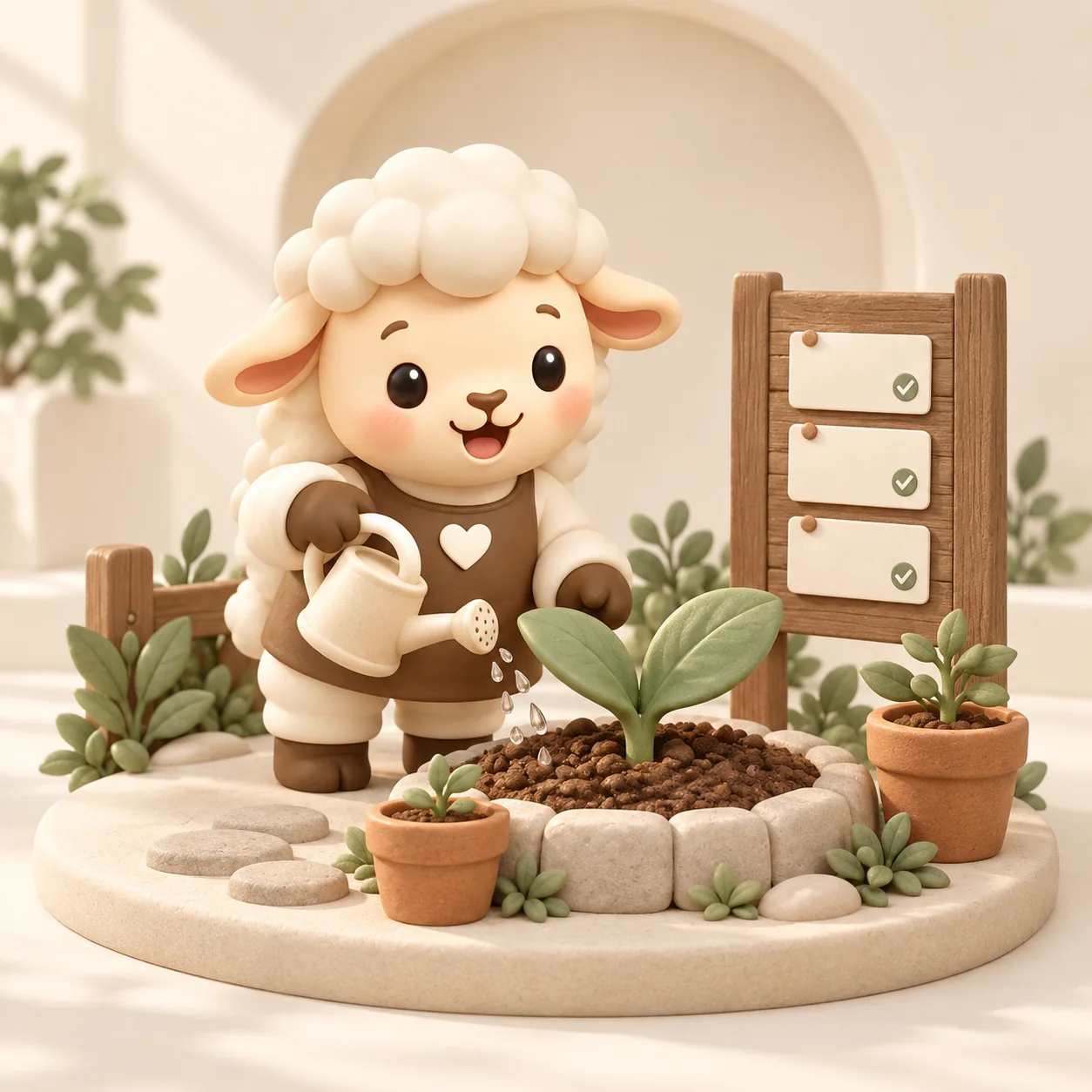 The Shapers sheep tends a growing community garden beside a planning board.