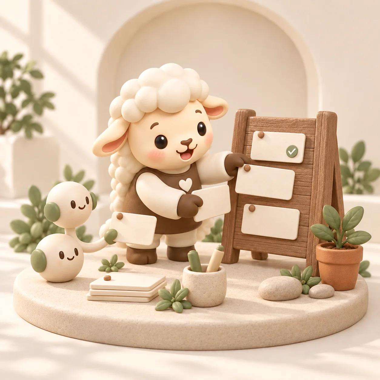 The Shapers sheep organizes task cards with a connected assistant.